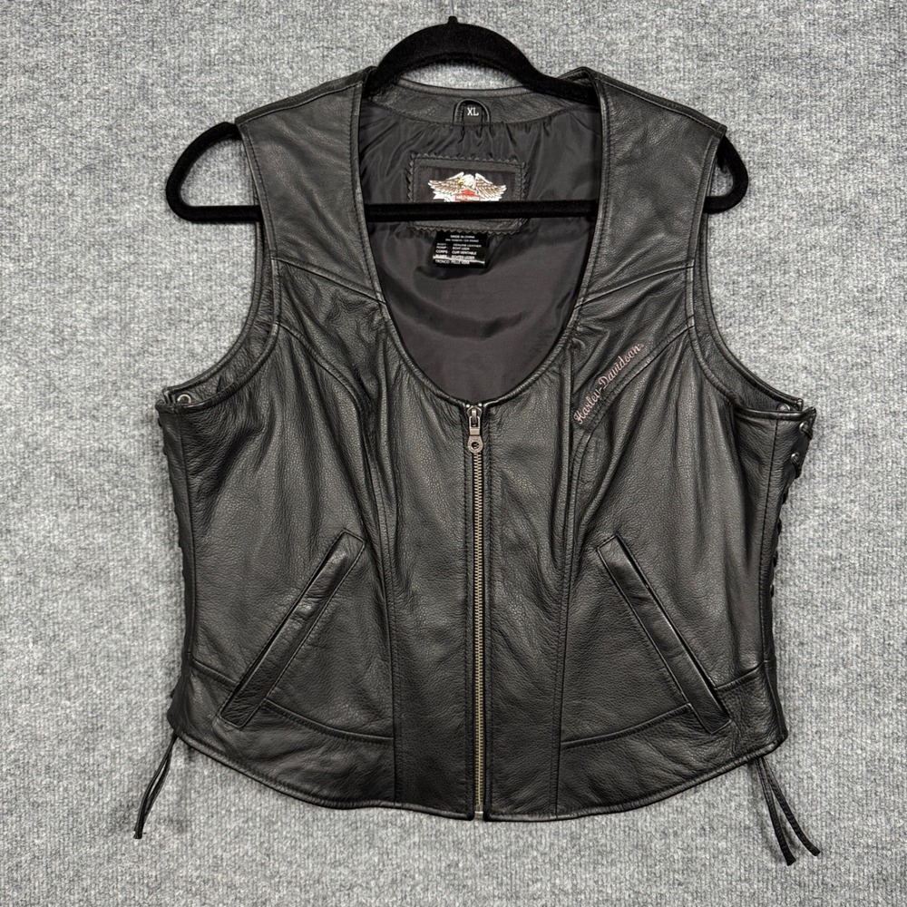 Harley Davidson Size XL Vest Black Moto Motorcycle Genuine Leather‎ Lace Up Side